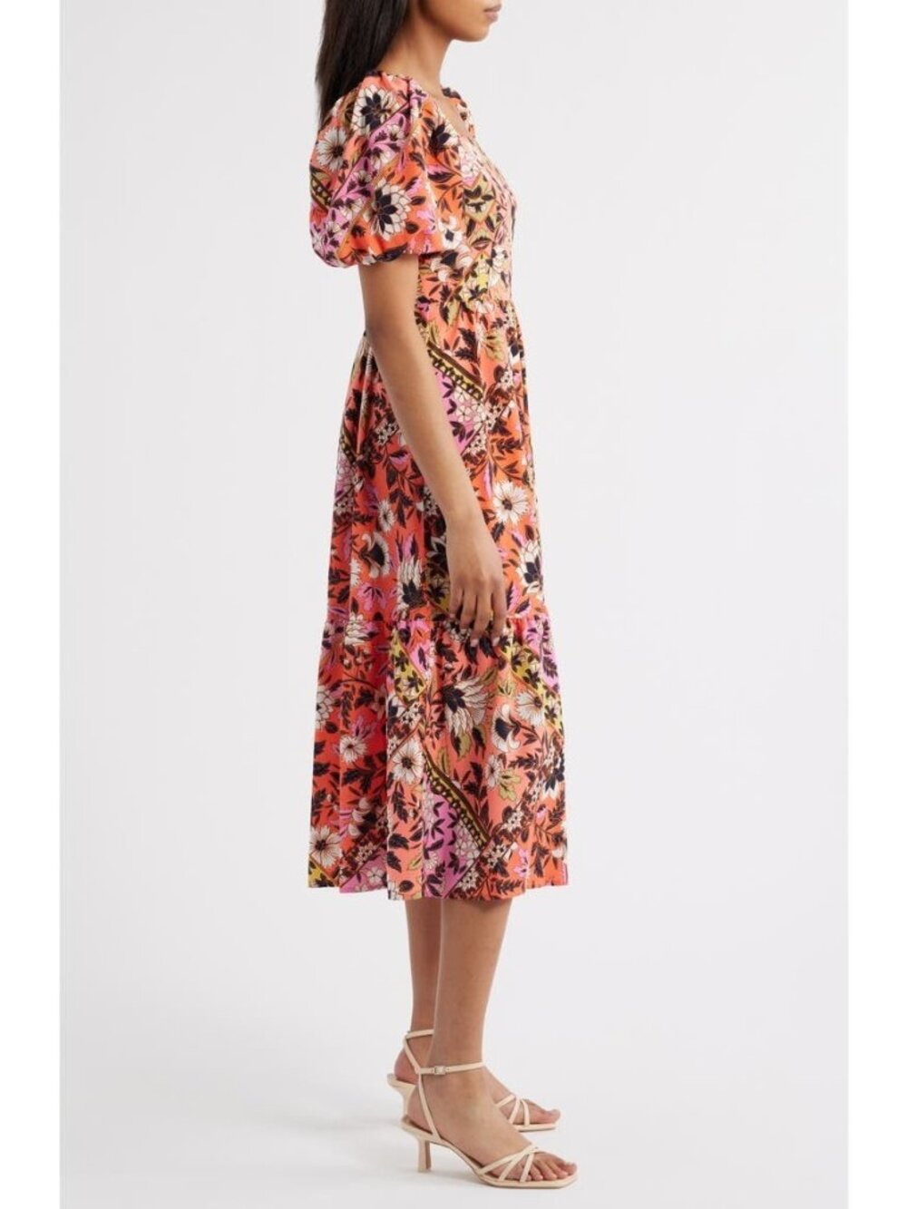 Vince Camuto Print Square Neck Puff Sleeve Maxi Dress Lined Orange size 4 $158 - Picture 2 of 5